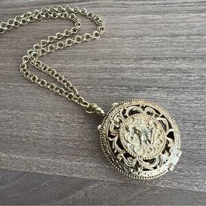 CLUB MONACO • Intricate Antique Gold Plated Filigree Locket Pendant Necklace
